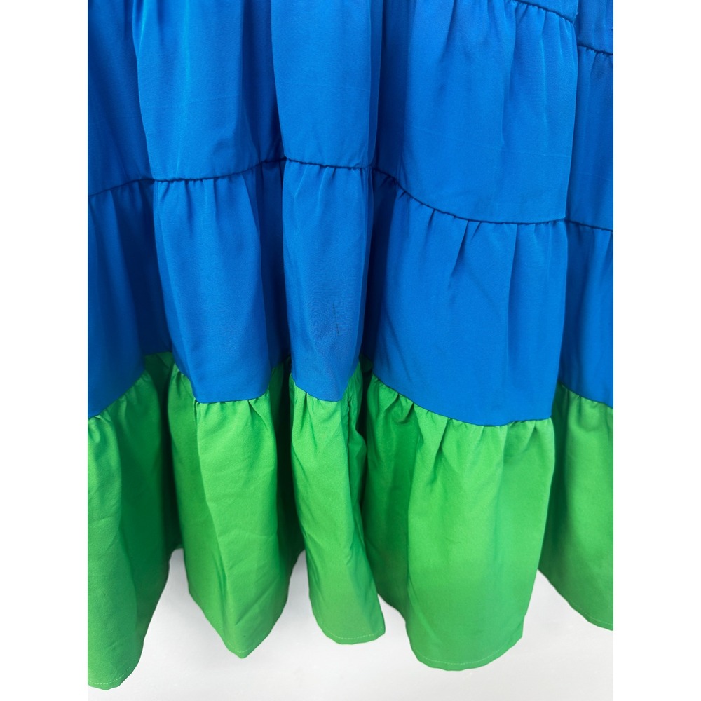 Entro Blue Green Puff Sleeve V Neck Tiered Knee Length Dopamine dressing - Picture 5 of 10